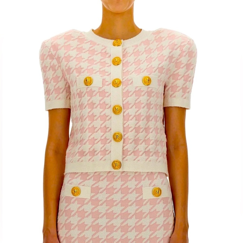 Pink Houndstooth Balmain insp. Top in Pink/cream. FR size 34 (US 2-4/XS).